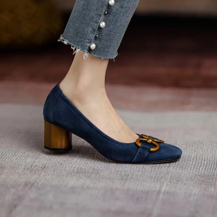 Blue square head shallow mouth single shoes for women New spring women's shoes in 2021 French high heels for women Frosted metal thick heels