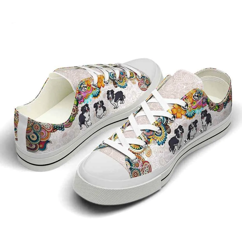 Collie Colorful Flowers Mandala Low Top Shoes - Happy International Dog Day Canvas Sneaker, Dog Printed Shoes, Canvas Shoes For Men, Women