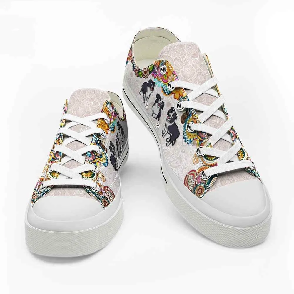 Collie Colorful Flowers Mandala Low Top Shoes - Happy International Dog Day Canvas Sneaker, Dog Printed Shoes, Canvas Shoes For Men, Women