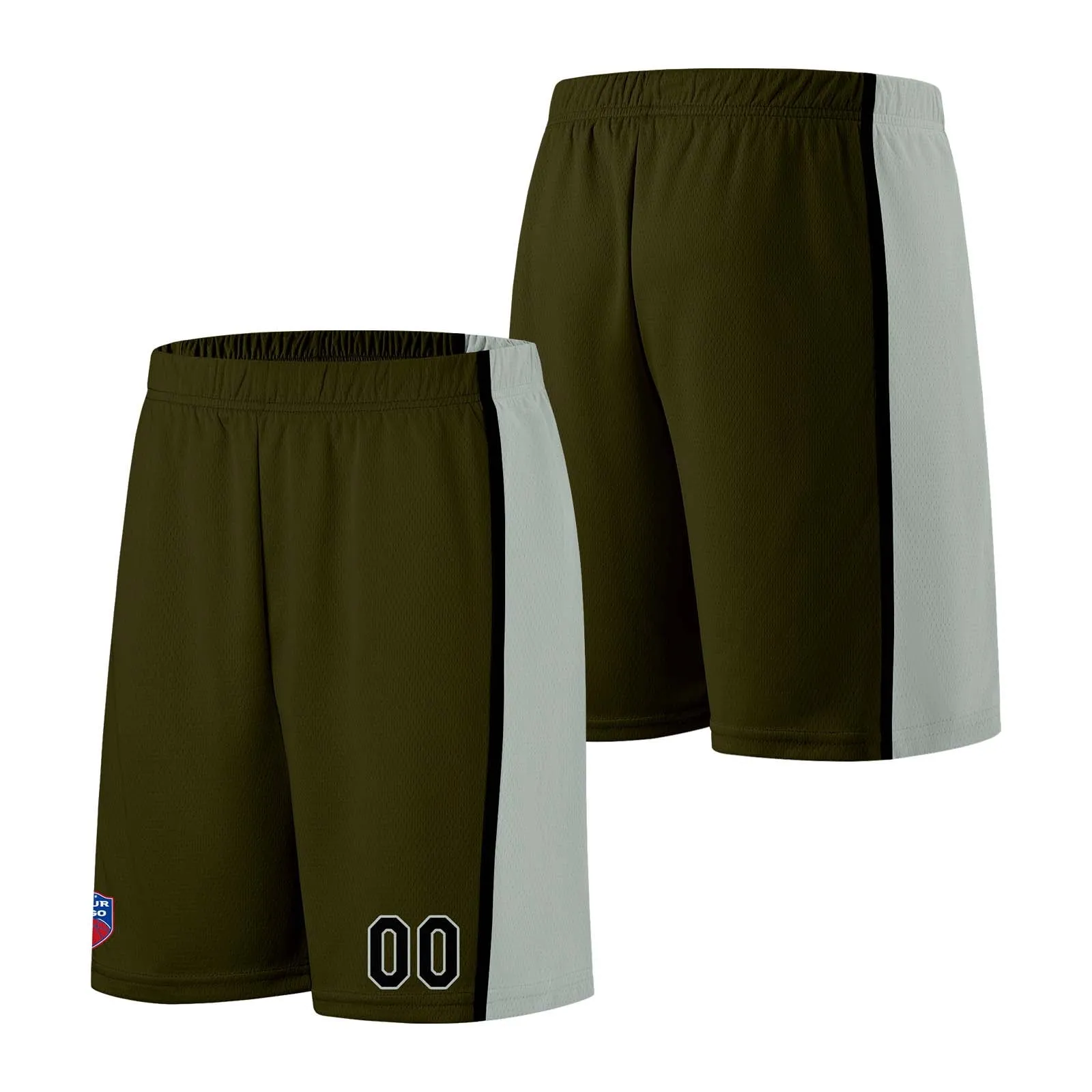 Custom basketball jersey shorts for men and women. Embroidered and printed name, number and logo Olive Green&Grey