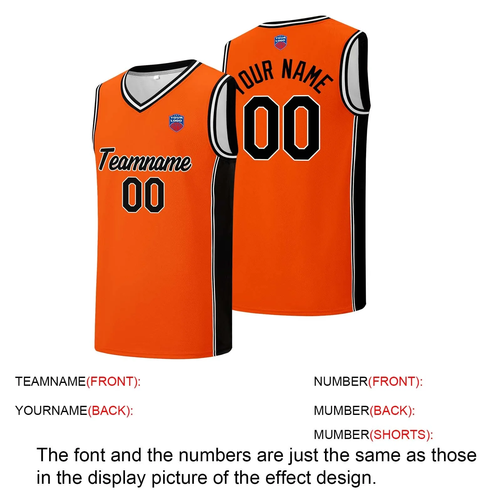 Custom basketball jersey shorts for men and women. Embroidered and printed name, number and logo Orange&Black