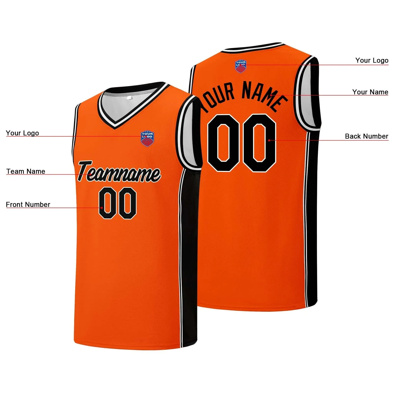 Custom basketball jersey shorts for men and women. Embroidered and printed name, number and logo Orange&Black