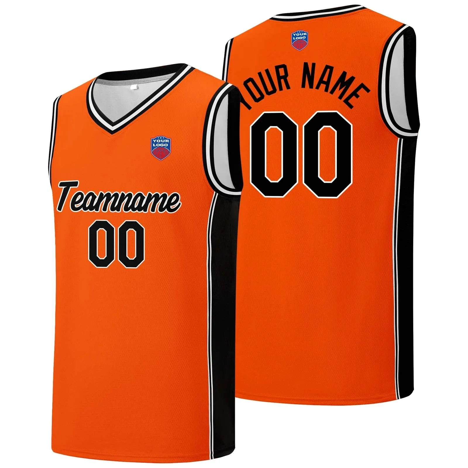 Custom basketball jersey shorts for men and women. Embroidered and printed name, number and logo Orange&Black