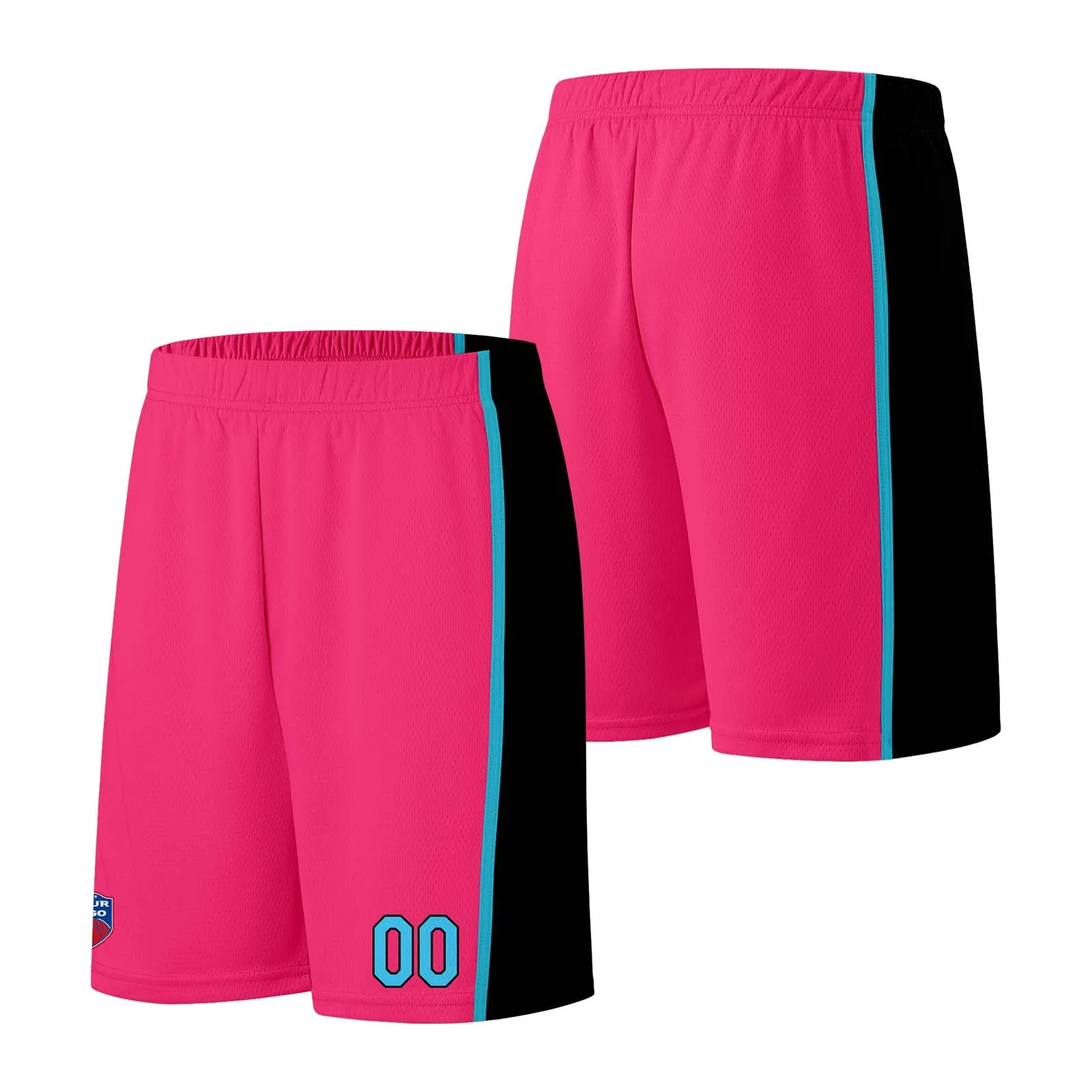 Custom basketball jersey shorts for men and women. Embroidered and printed name, number and logo Pink&Black&Light Blue