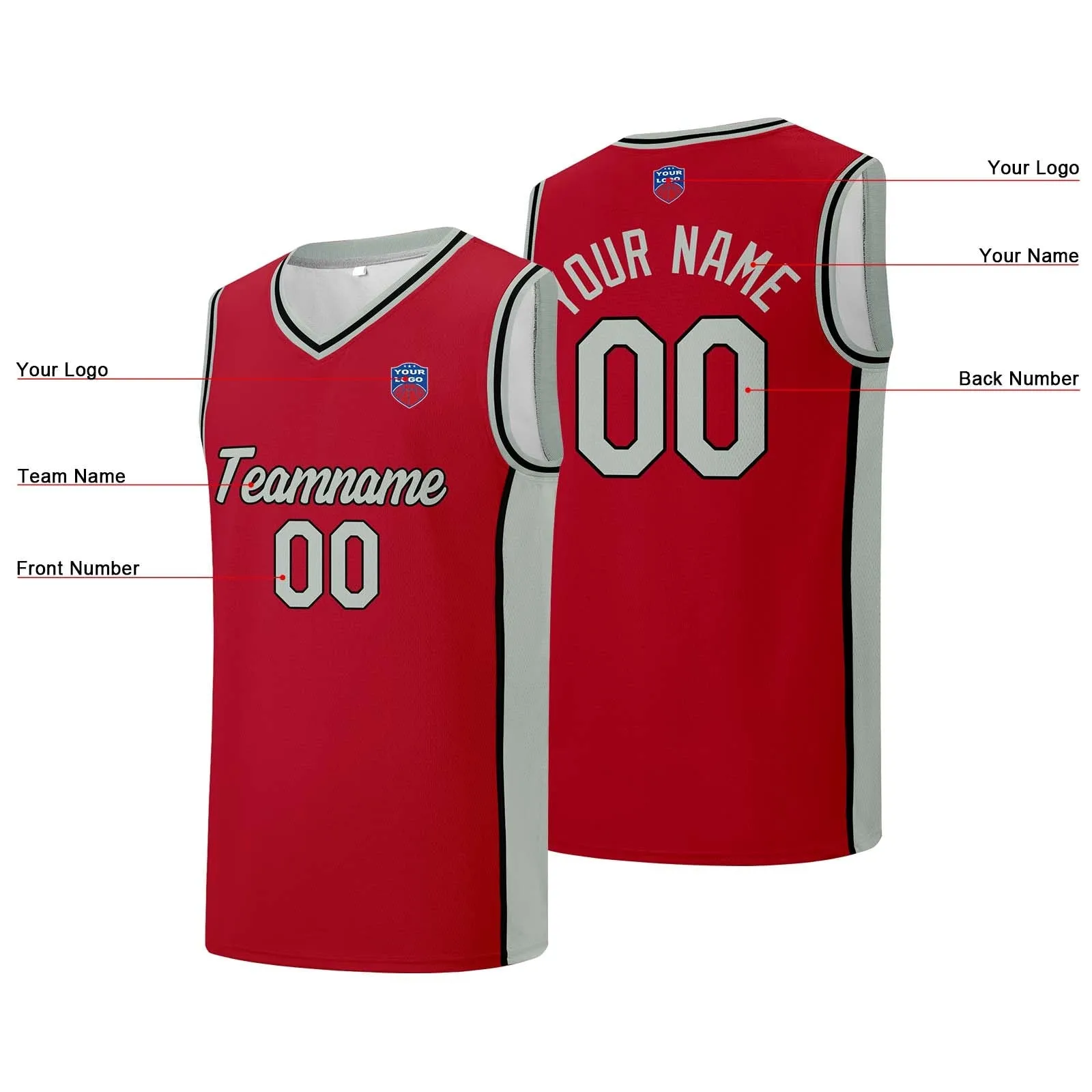 Custom basketball jersey shorts for men and women. Embroidered and printed name, number and logo Red&Grey