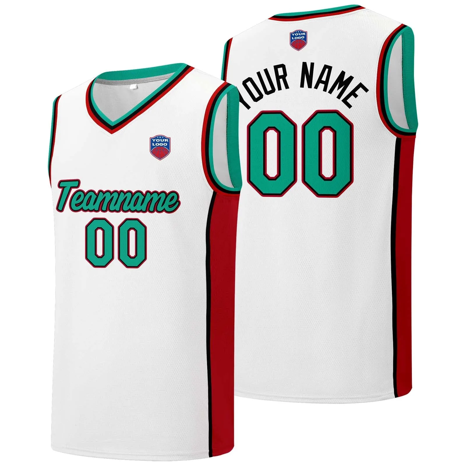 Custom basketball jersey shorts for men and women. Embroidered and printed name, number and logo White&Red&Green