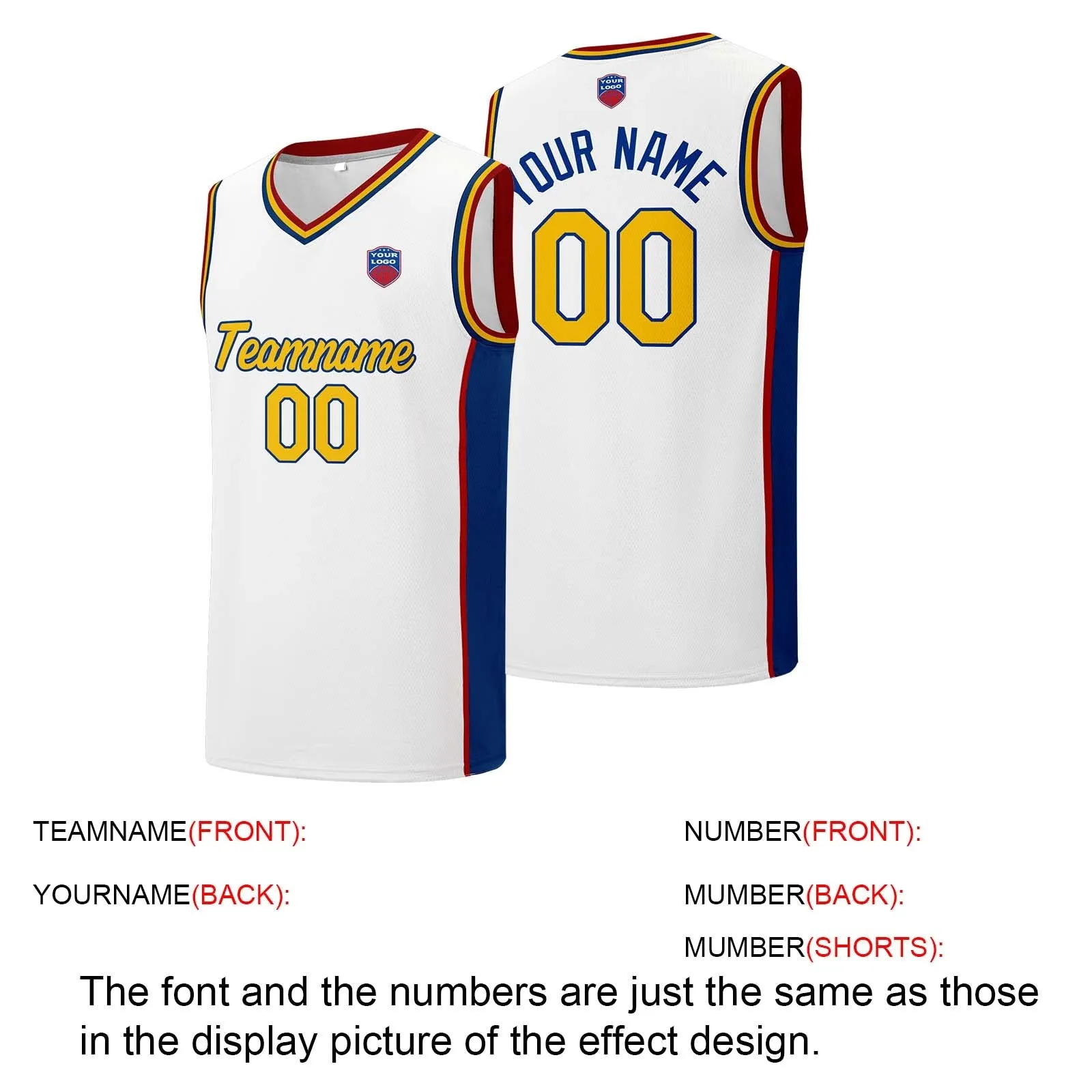 Custom basketball jersey shorts for men and women. Embroidered and printed name, number and logo White&Royal