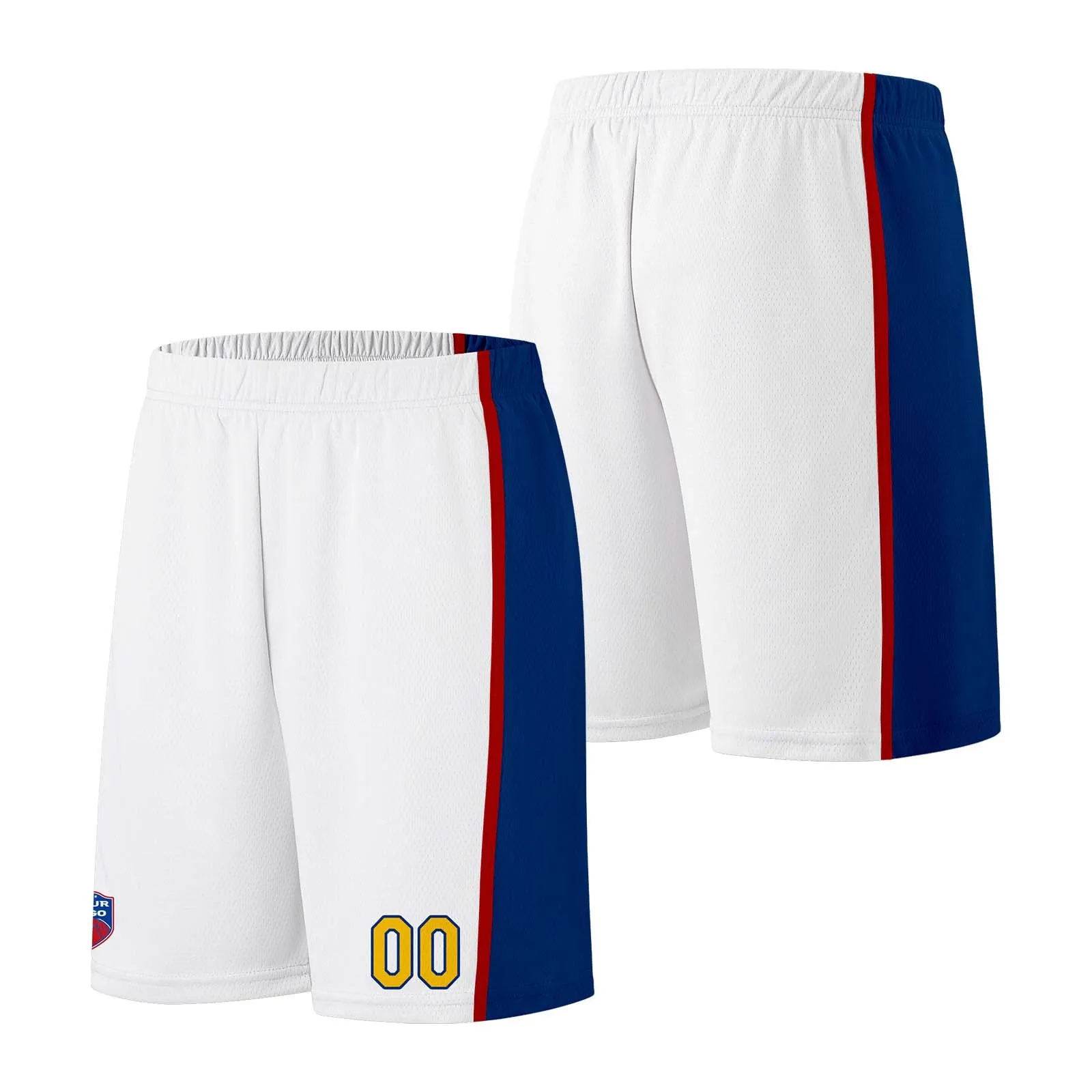 Custom basketball jersey shorts for men and women. Embroidered and printed name, number and logo White&Royal