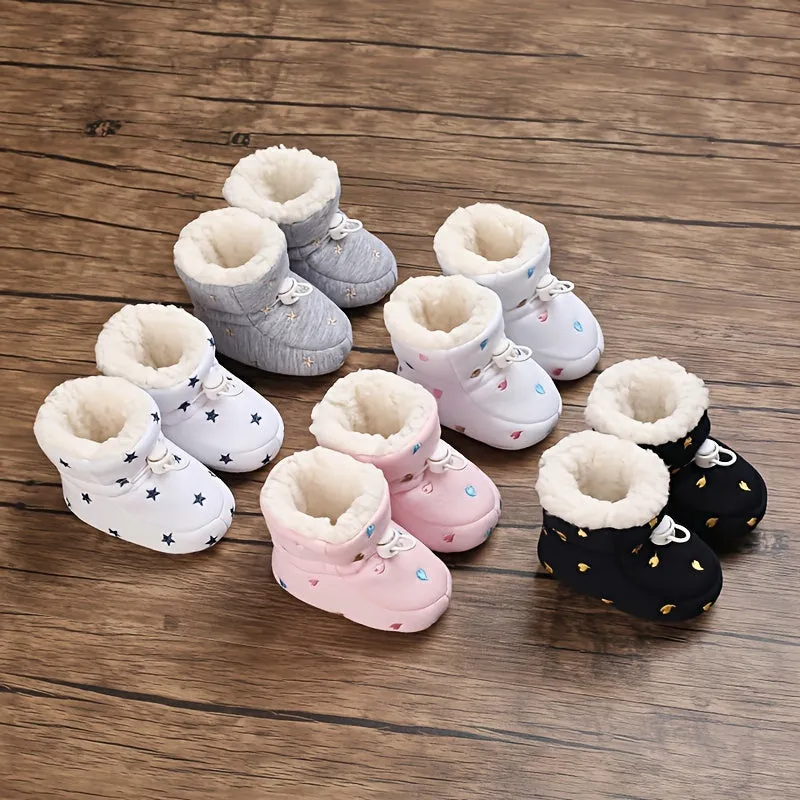 Cute Star Heart Comfortable Boots For Baby Boys And Girls, Soft And Warm Plus Fleece Boots For Indoor Outdoor Walking, Autumn And Winter