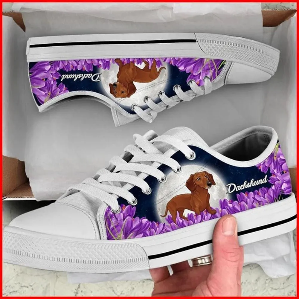 Dachshund And Purple Flower Canvas Low Top Shoes - Low Top Shoes Mens, Women, Dog Printed Shoes, Canvas Shoes For Men, Women