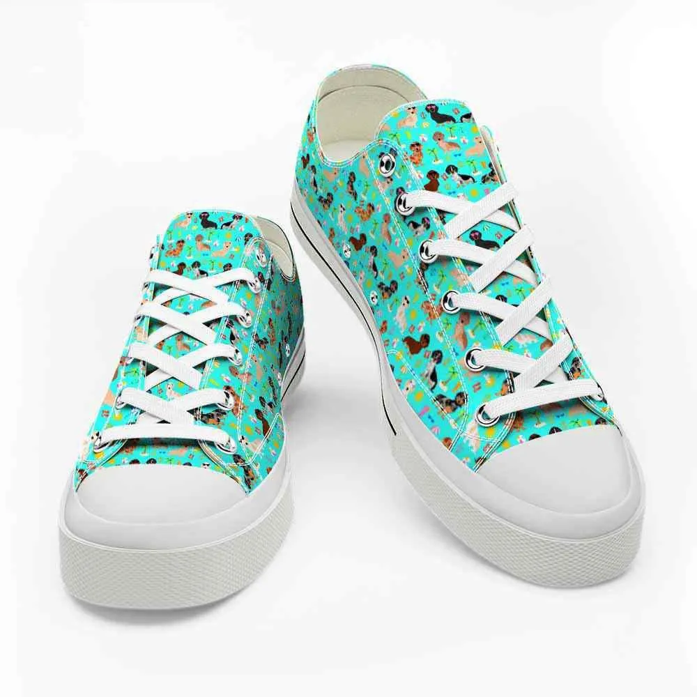 Dachshund Teal Flower Pattern Low Top Shoes - Happy International Dog Day Canvas Sneaker, Dog Printed Shoes, Canvas Shoes For Men, Women