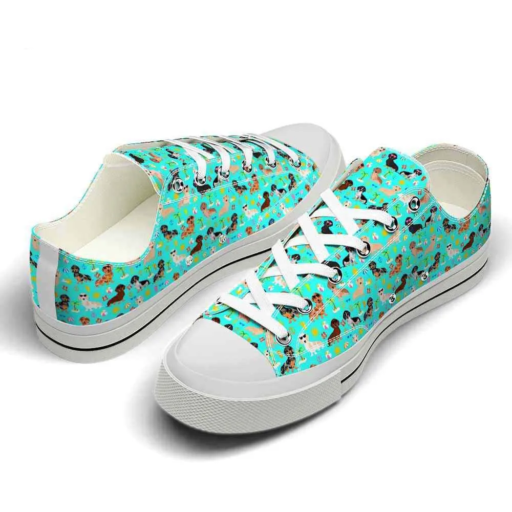 Dachshund Teal Flower Pattern Low Top Shoes - Happy International Dog Day Canvas Sneaker, Dog Printed Shoes, Canvas Shoes For Men, Women