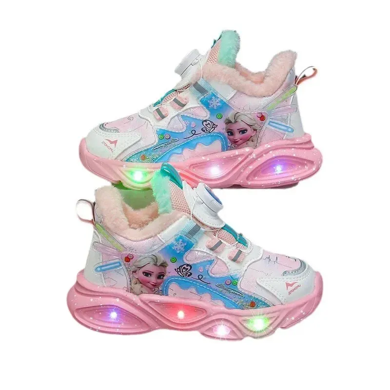 Disney Frozen Girls Casual Shoes LED Light Sneakers Elsa Princess Shoes Autumn and Winter Warm Casual Shoes Kids Birthday Gift