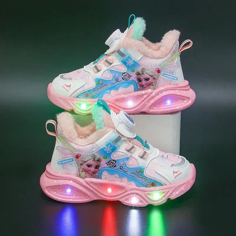 Disney Frozen Girls Casual Shoes LED Light Sneakers Elsa Princess Shoes Autumn and Winter Warm Casual Shoes Kids Birthday Gift