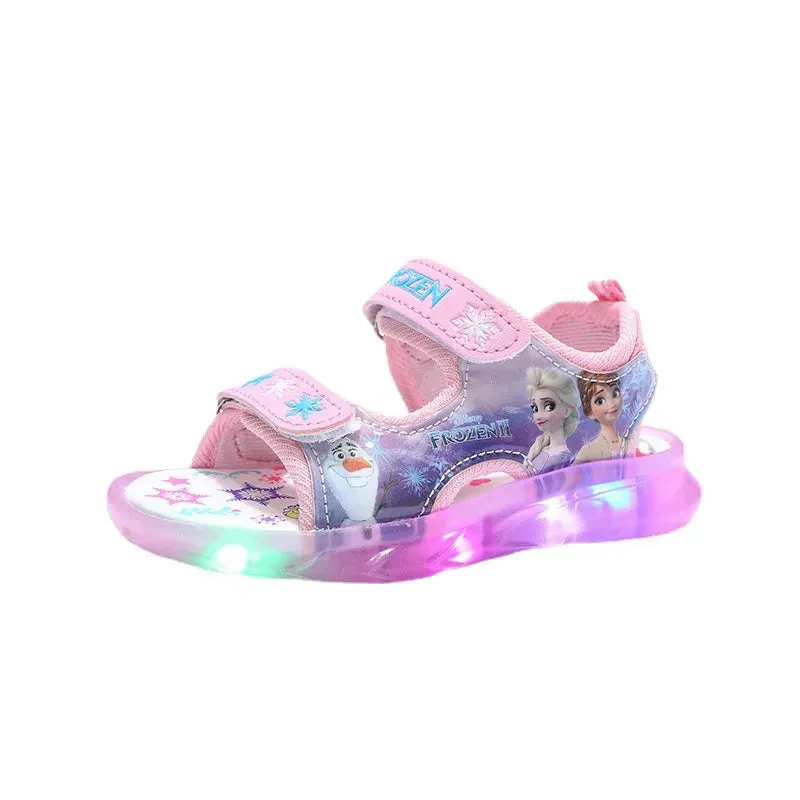 Disney Summer Children's Sandals Frozen Priness Elsa Anna Children's Sandals LED Light Beach Pink Purple Shoes Size 21-31