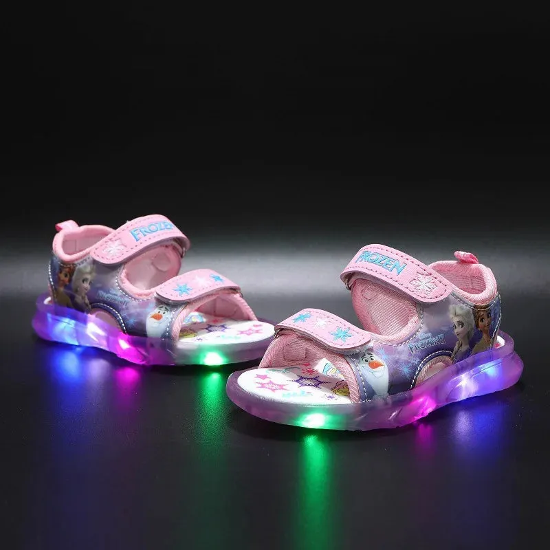 Disney Summer Children's Sandals Frozen Priness Elsa Anna Children's Sandals LED Light Beach Pink Purple Shoes Size 21-31