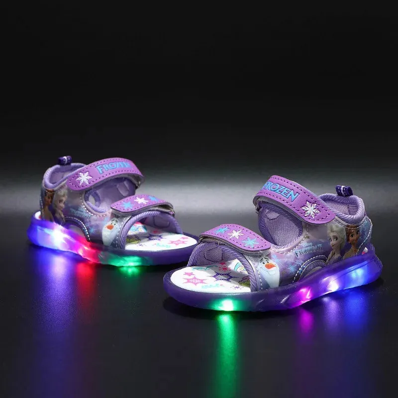 Disney Summer Children's Sandals Frozen Priness Elsa Anna Children's Sandals LED Light Beach Pink Purple Shoes Size 21-31