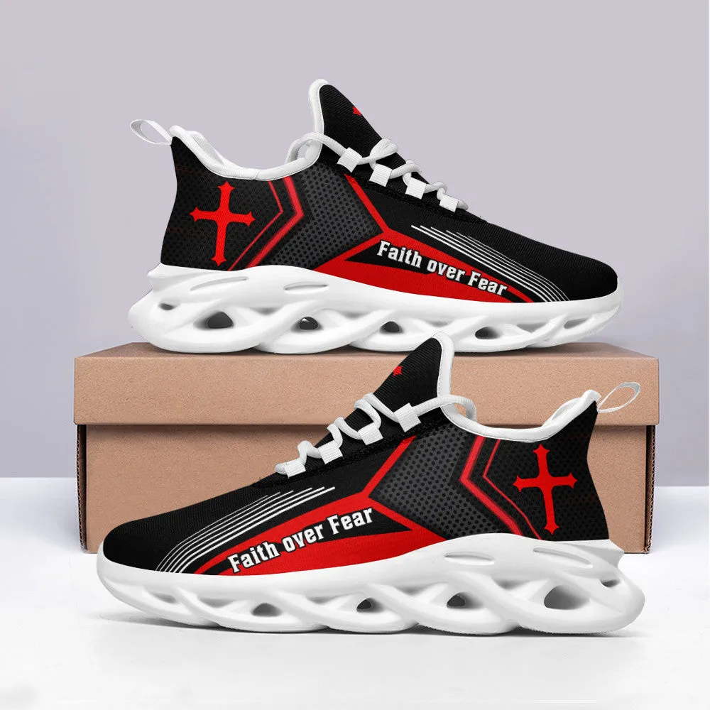 Jesus Faith Over Fear Running Sneakers Red Max Soul Shoes - Christian Shoes For Men And Women