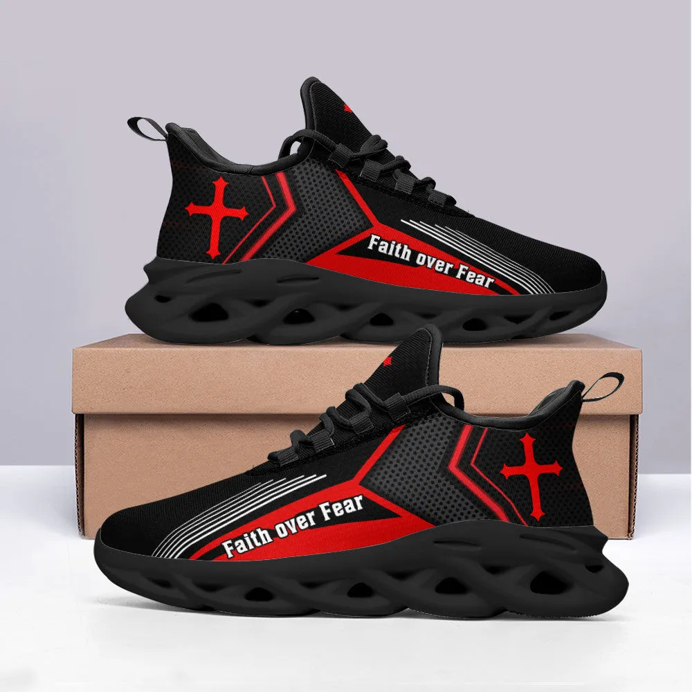 Jesus Faith Over Fear Running Sneakers Red Max Soul Shoes - Christian Shoes For Men And Women