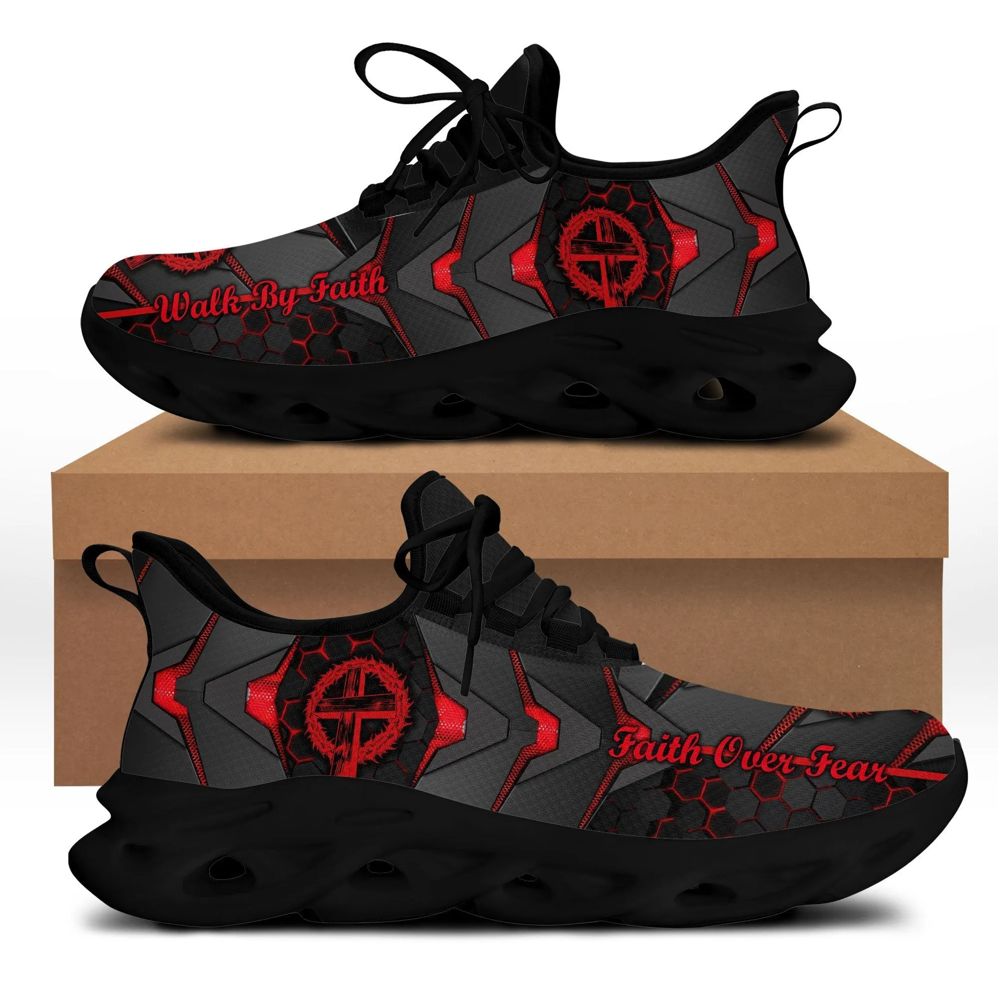 Jesus Red And Black Faith Over Fear Running Sneakers Max Soul Shoes - Christian Shoes For Men And Women