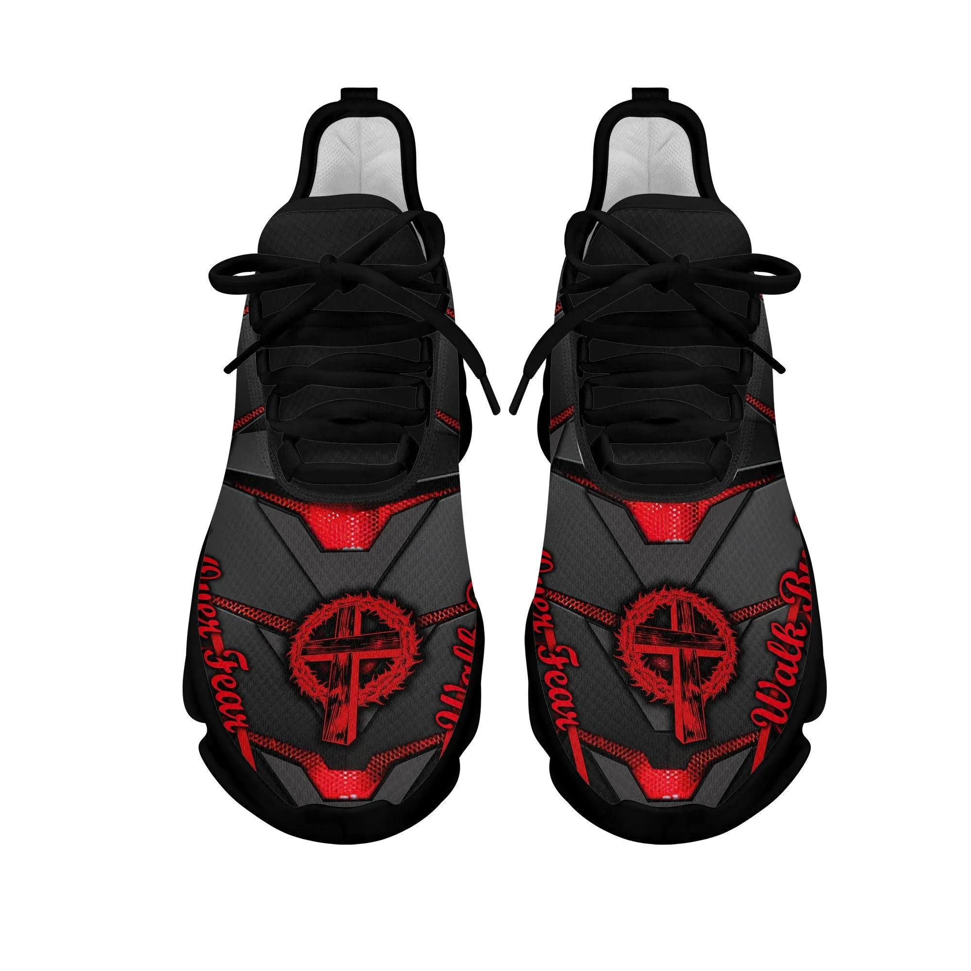 Jesus Red And Black Faith Over Fear Running Sneakers Max Soul Shoes - Christian Shoes For Men And Women