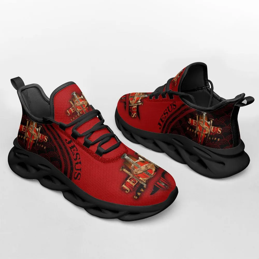 Jesus Saved My Life Red Running Sneakers Max Soul Shoes - Christian Shoes For Men And Women