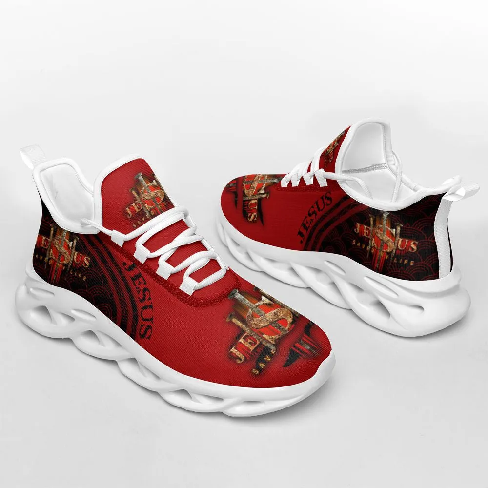 Jesus Saved My Life Red Running Sneakers Max Soul Shoes - Christian Shoes For Men And Women