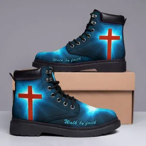 Jesus Walk By Faith Leather Boots Blue - Christian Shoes For Men And Women