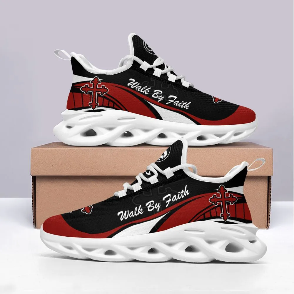 Jesus Walk By Faith Red And Black Running Sneakers Max Soul Shoes - Christian Shoes For Men And Women