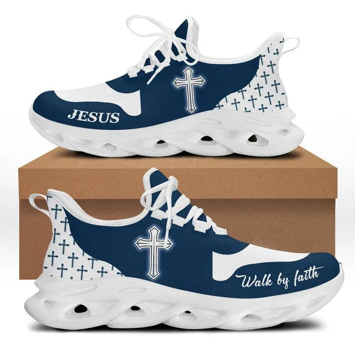 Jesus Walk By Faith Running Sneakers Blue White Max Soul Shoes - Christian Shoes For Men And Women