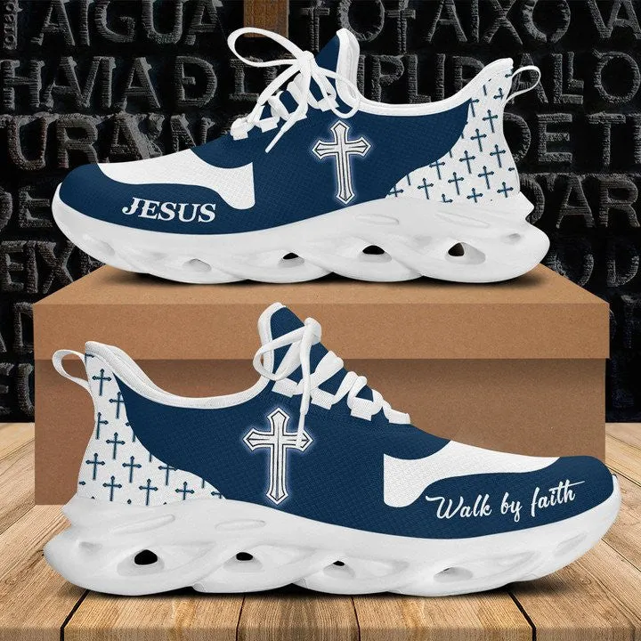 Jesus Walk By Faith Running Sneakers Blue White Max Soul Shoes - Christian Shoes For Men And Women