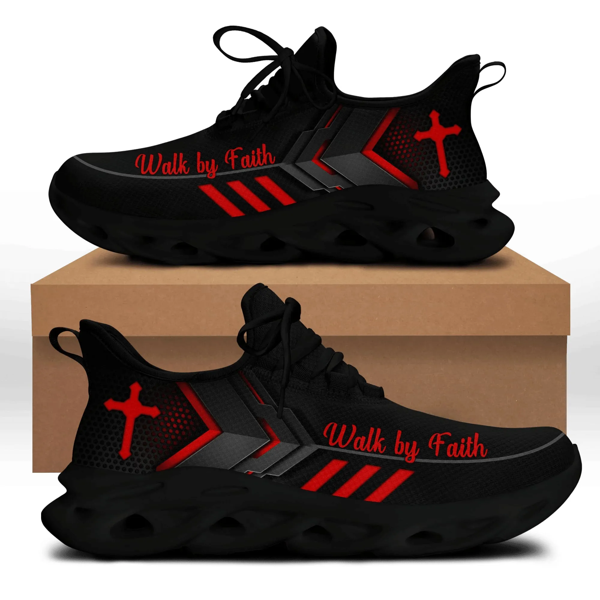 Jesus Walk By Faith Running Sneakers Red Black 3 Max Soul Shoes - Christian Shoes For Men And Women