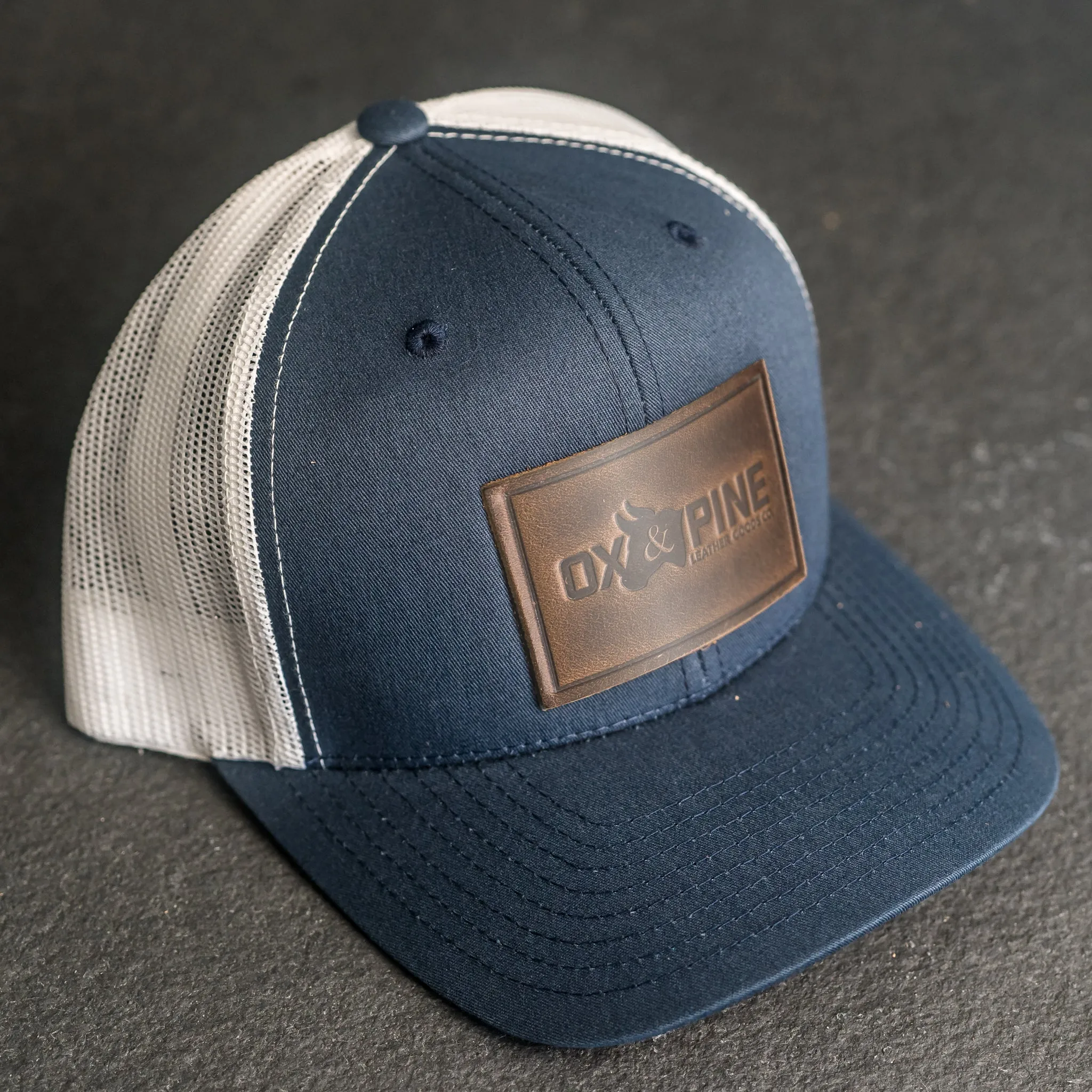 Leather Patch Trucker Style Hat - Ox & Pine Logo