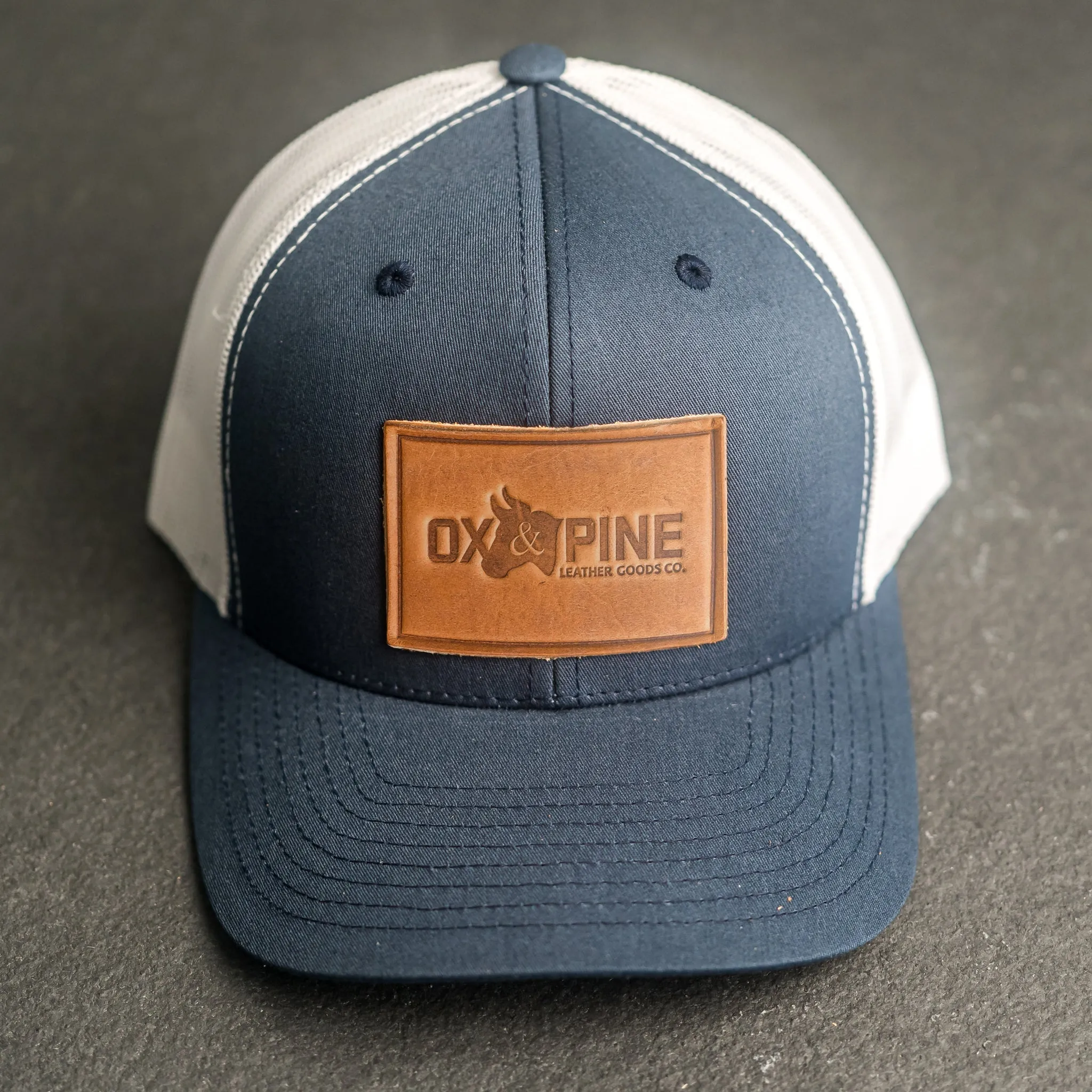 Leather Patch Trucker Style Hat - Ox & Pine Logo