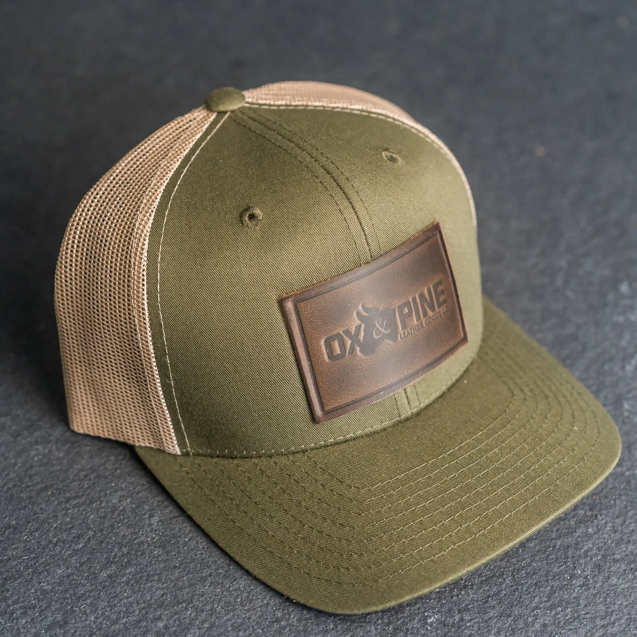 Leather Patch Trucker Style Hat - Ox & Pine Logo