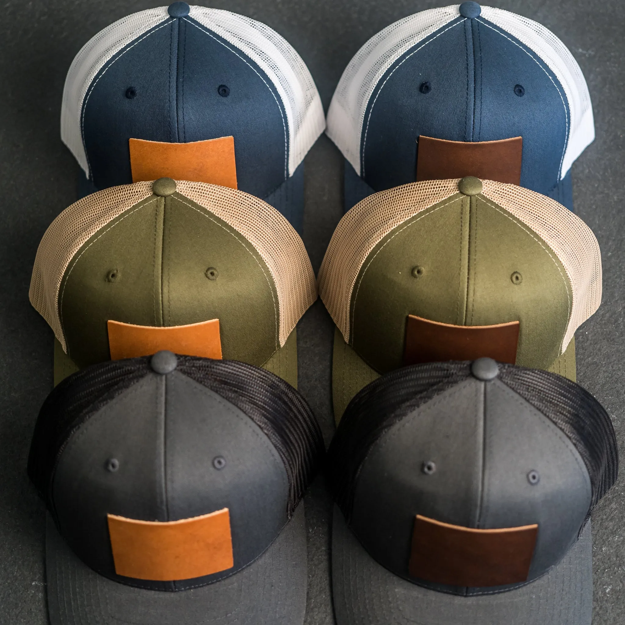 Leather Patch Trucker Style Hat - Ox & Pine Logo