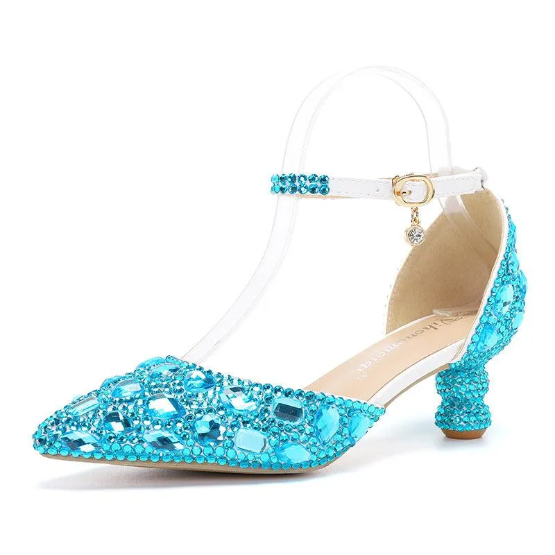 Low-top Summer New Blue Color Pointed Gourd Heel Rhinestone Multi-color Fashion Wedding Banquet Women's Shoes