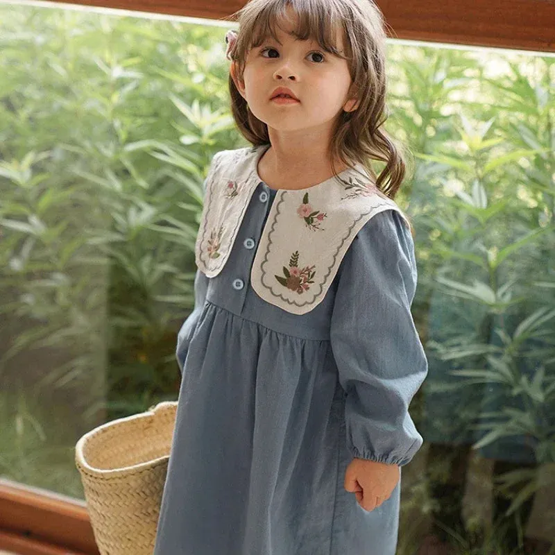 New Girls Dress Spring Autumn Long Sleeve Lapel Embroidered Princess Kids Clothes Fashion Korean Children Dresses 2-7Y