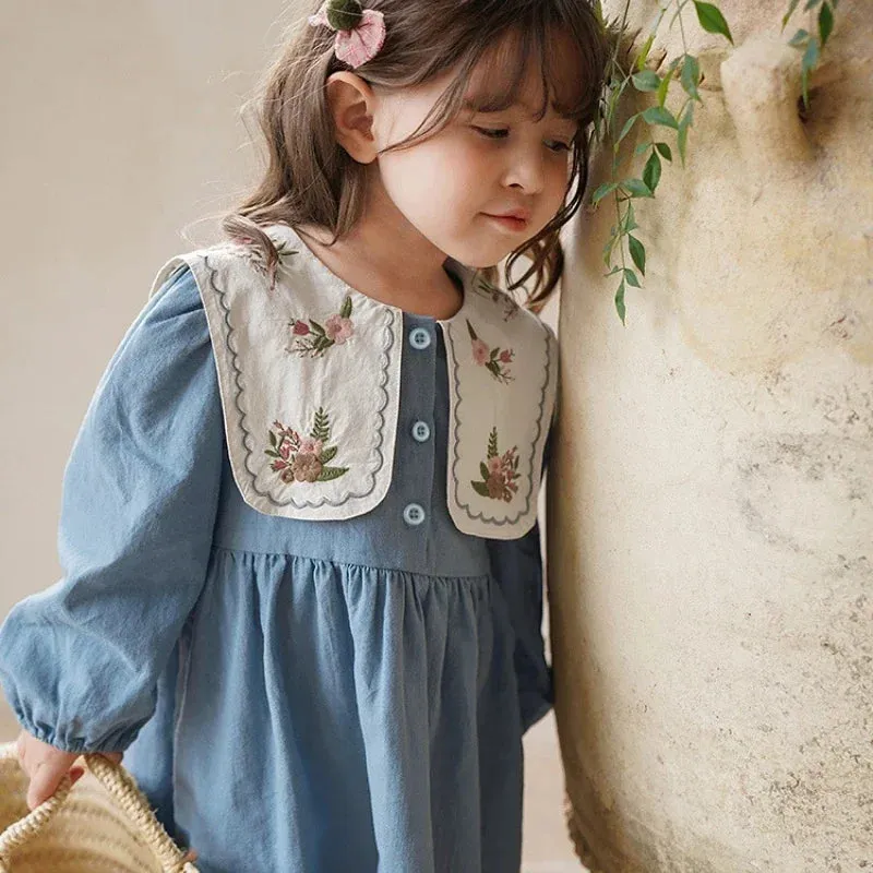 New Girls Dress Spring Autumn Long Sleeve Lapel Embroidered Princess Kids Clothes Fashion Korean Children Dresses 2-7Y