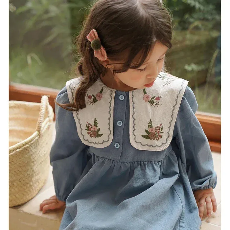 New Girls Dress Spring Autumn Long Sleeve Lapel Embroidered Princess Kids Clothes Fashion Korean Children Dresses 2-7Y