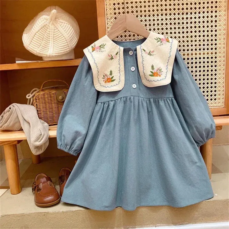 New Girls Dress Spring Autumn Long Sleeve Lapel Embroidered Princess Kids Clothes Fashion Korean Children Dresses 2-7Y