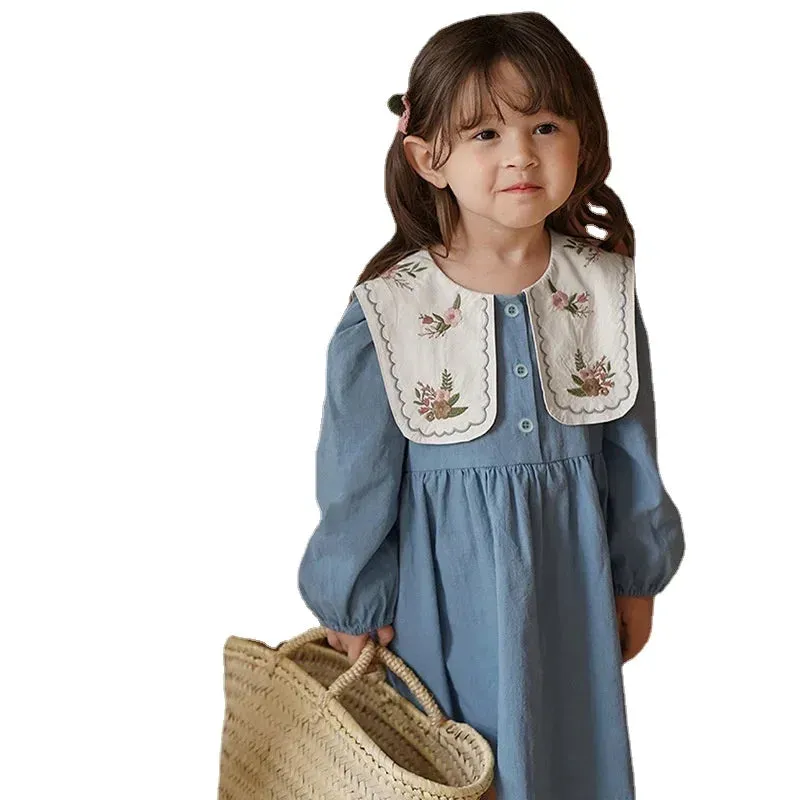 New Girls Dress Spring Autumn Long Sleeve Lapel Embroidered Princess Kids Clothes Fashion Korean Children Dresses 2-7Y