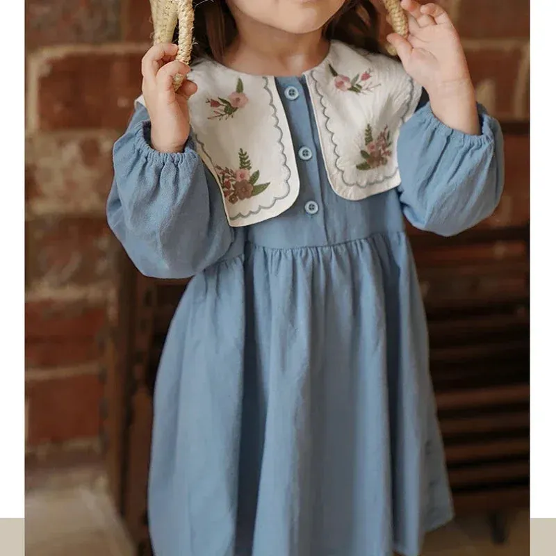 New Girls Dress Spring Autumn Long Sleeve Lapel Embroidered Princess Kids Clothes Fashion Korean Children Dresses 2-7Y