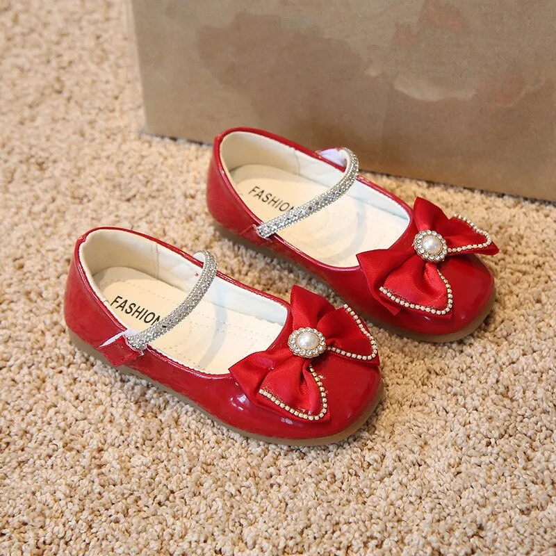 New girls leather rhinestone shoes cute bow flat heels