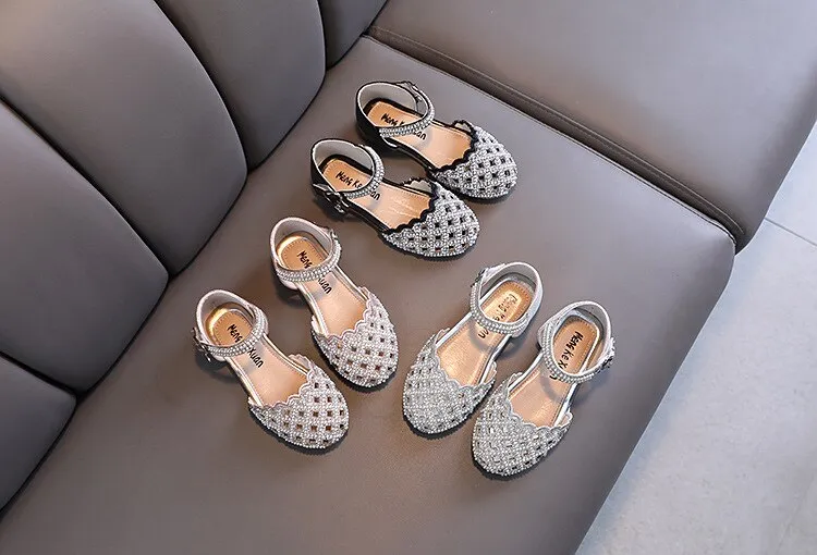 New Kids Pearl Flats Sandal Girls Princess Rhinestone Party Sandal