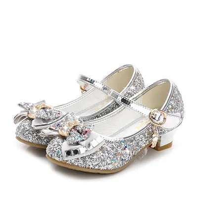 Princess Kids Leather Shoes for Girls Flower Casual Glitter Children High Heel Girls Shoes Butterfly Knot Blue Pink Silver