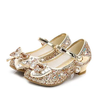 Princess Kids Leather Shoes for Girls Flower Casual Glitter Children High Heel Girls Shoes Butterfly Knot Blue Pink Silver