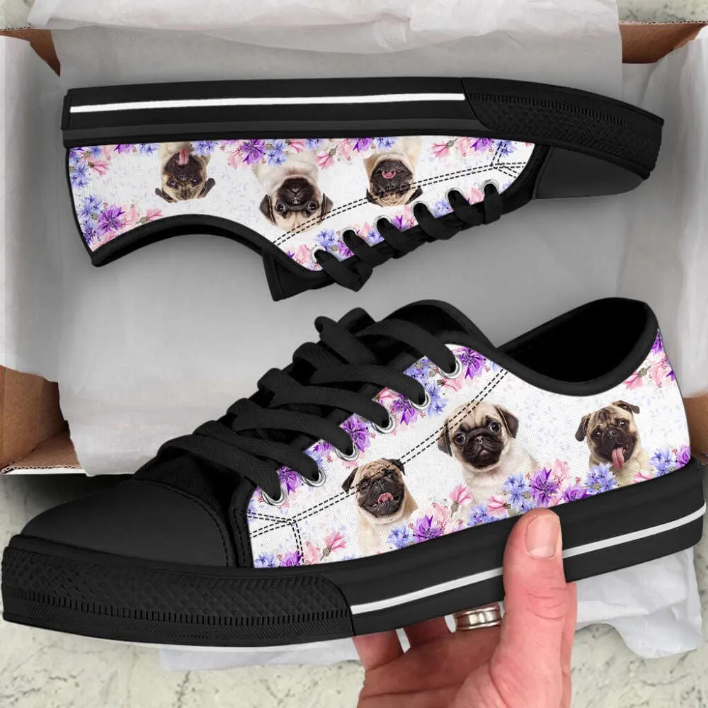 Pug Dog Purple Flower Low Top Shoes Canvas Sneakers Casual Shoes, Dog Printed Shoes, Canvas Shoes For Men, Women