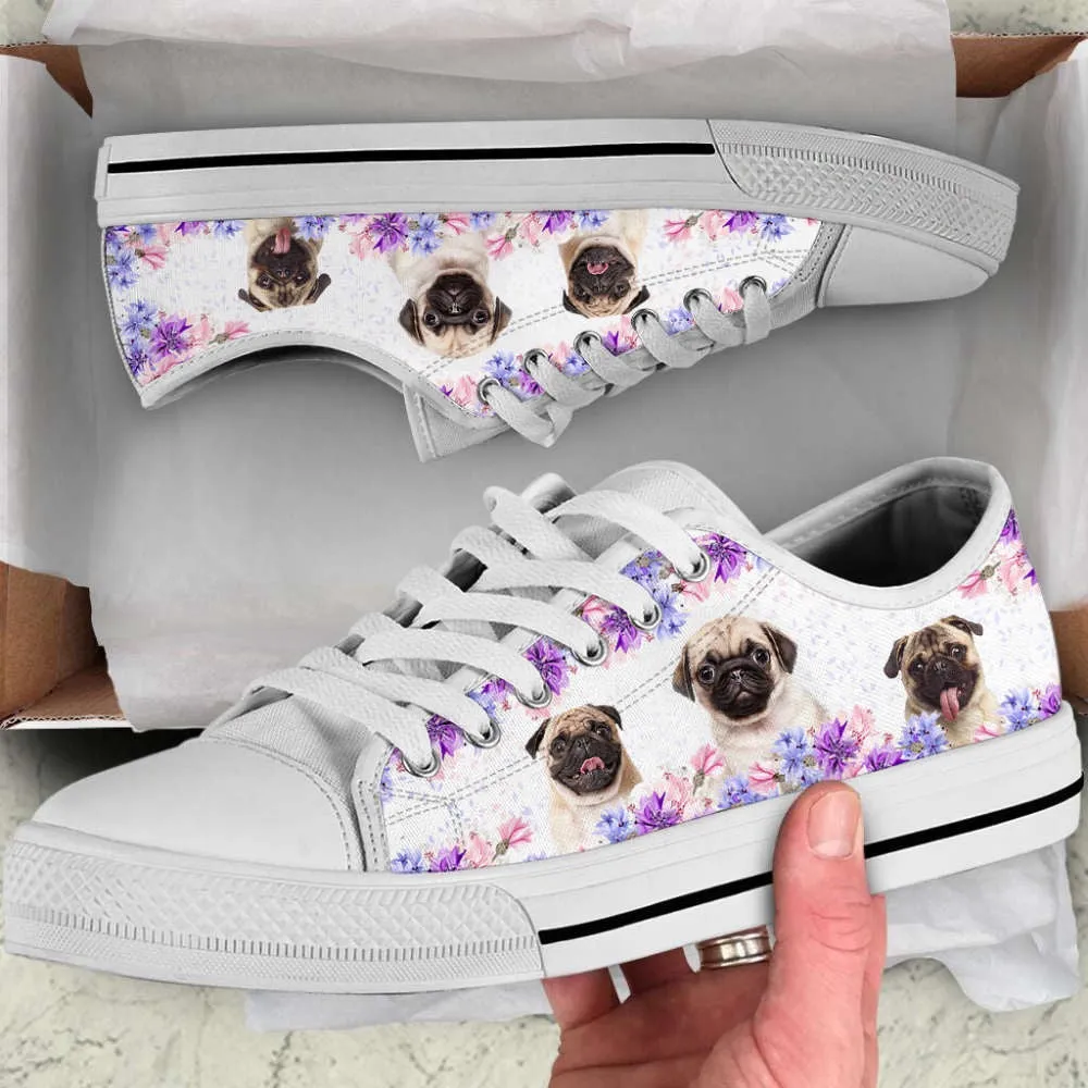 Pug Dog Purple Flower Low Top Shoes Canvas Sneakers Casual Shoes, Dog Printed Shoes, Canvas Shoes For Men, Women