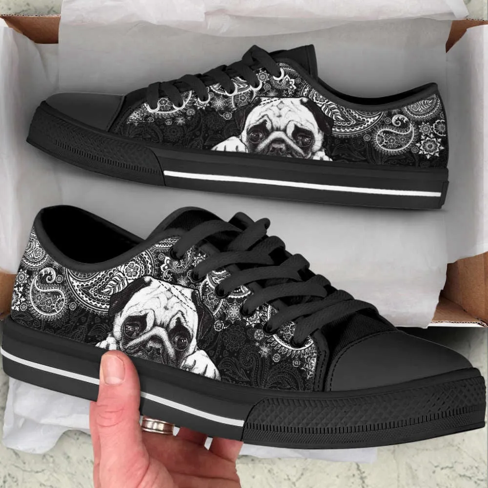 Pug Paisley Black White Low Top Shoes Canvas Sneakers Casual Shoes, Dog Printed Shoes, Canvas Shoes For Men, Women